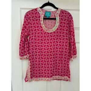 Escapada Pink Beaded Tunic Top XS Geometric 3/4 Sleeve Resort Beach Boho